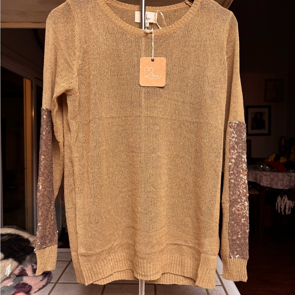 T2 Love Tan Sweater with Sequin Sleeves size S/M